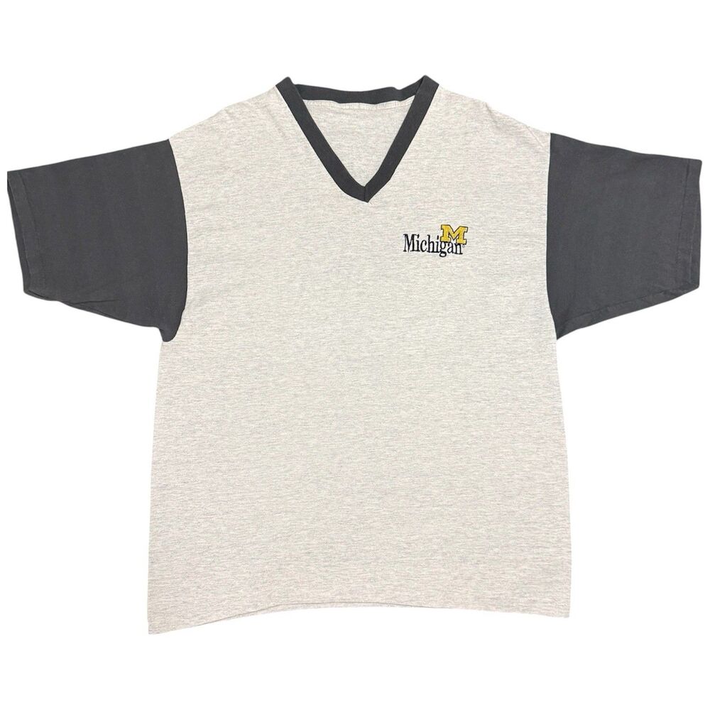 Vintage 90s Michigan Wolverines V‑Neck Single Stitch Embroidered T-Shirt XL Gray